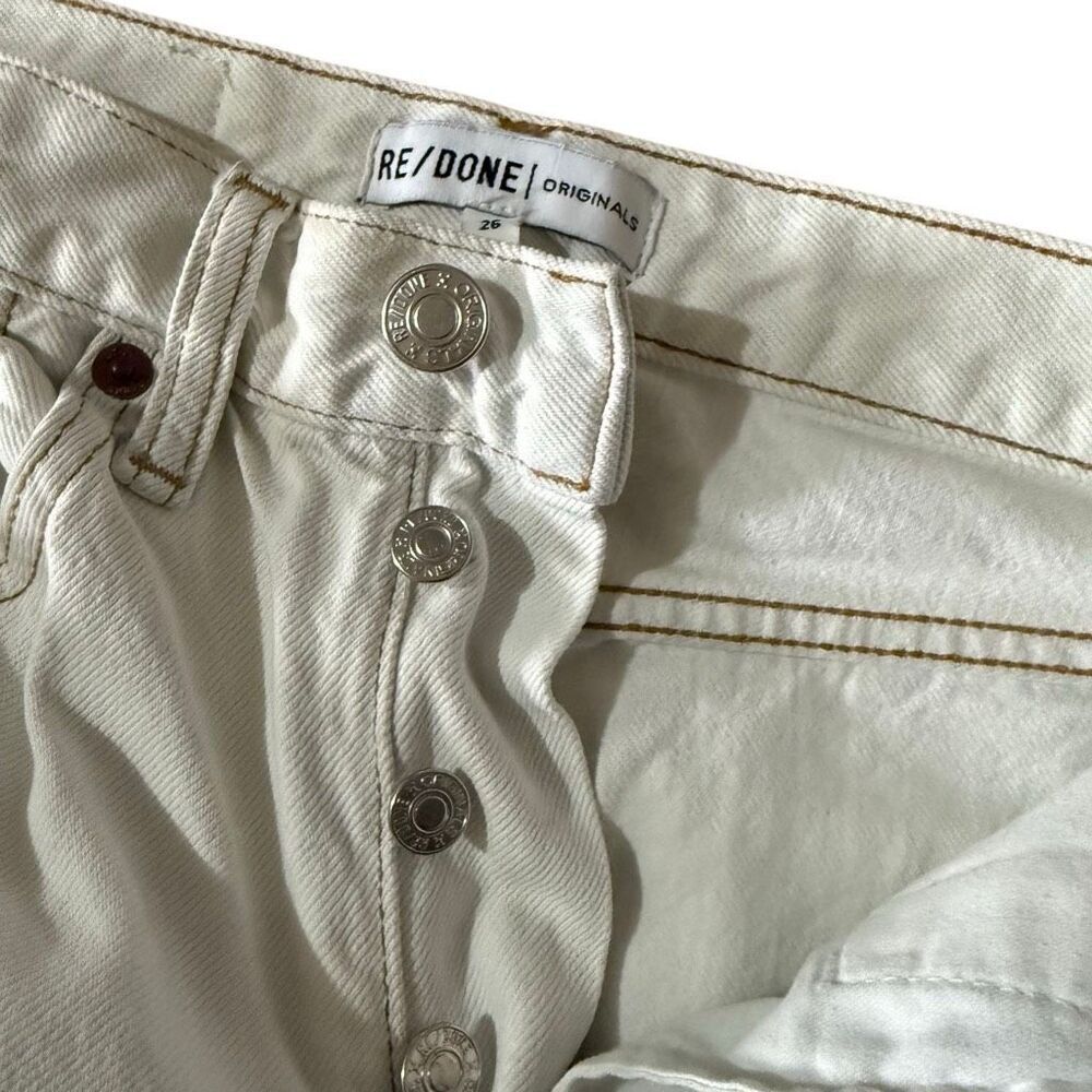 Re/done white high waisted button fly straight leg distressed hem jeans size 26 - Picture 5 of 8